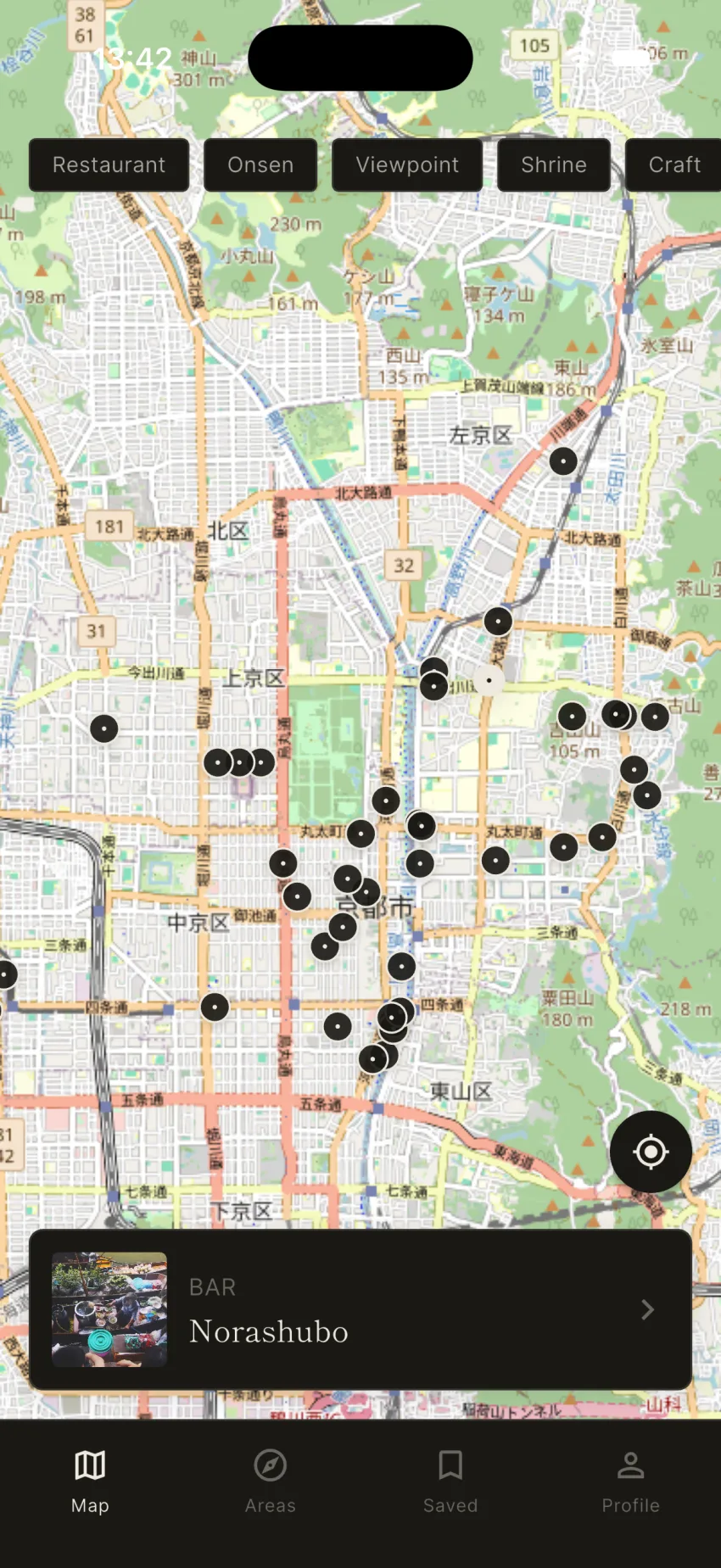 The Secret Spots Japan map, showing hidden spots across Kyoto with a bar selected
